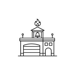Fire station building icon black and white vector illustration with flame and bell emergency services architecture