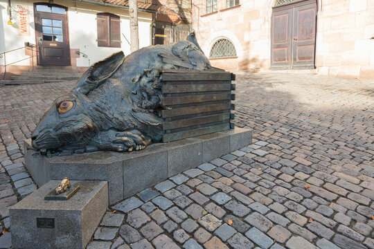 NUREMBERG, GERMANY - DECEMBER 22, 2018: Sculpture hare, created in 1984 from bronze by German sculptor Jurgen Gertz on the theme of graphic work by albert Durer