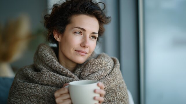 Winter wellness concept with woman drinking hot tea wrapped in blanket by a frosted window, perfect for cold season self care, seasonal wellness routine, cozy winter lifestyle, health habit,