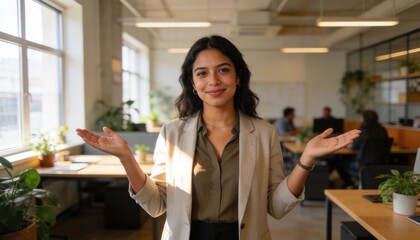 Fototapeta premium Professional woman with open palms gesture in a modern office. Give To Gain theme for International Women's Day 2026. Smiling businesswoman in a beige blazer presenting in a workspace
