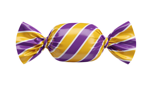 Purple and yellow striped wrapped candy sweets isolated on a transparent background