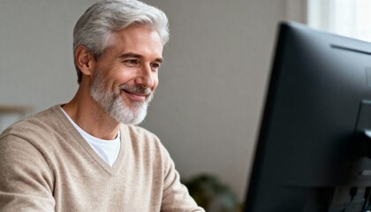 Fototapeta premium Handsome mature man with grey hair smiling while working on a computer. Successful senior professional or freelancer in a modern home office
