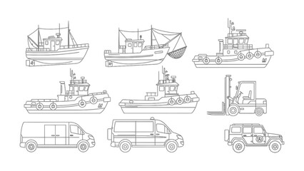 Obraz premium Marine and Land Transport Silhouette Collection: A detailed illustration showcasing a variety of marine and land transport silhouettes, meticulously outlined to highlight each vessel and vehicle.