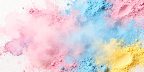 Fototapeta premium Holi festival background with a vibrant explosion of colorful powders. Abstract pastel texture with pink, blue, and yellow dust
