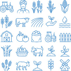 Set of 20 line art icon related indian agriculture transparent