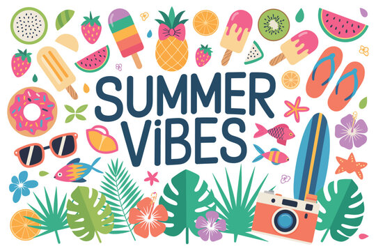 big summer set with fruits, drinks, pool floats, seashells, palm leaves, isolated objects on white background, hand drawn vector illustration in scandinavian style flat design, playful tropical collec