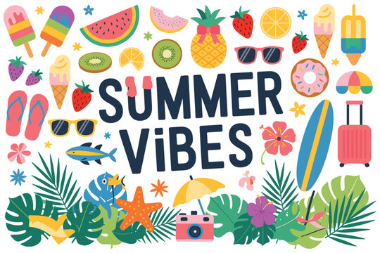 big summer set with fruits, drinks, pool floats, seashells, palm leaves, isolated objects on white background, hand drawn vector illustration in scandinavian style flat design, playful tropical collec