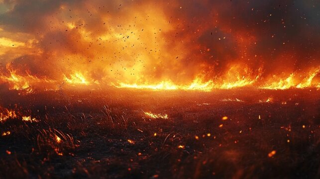 blazing grassland wildfire with a wall of orange flames, thick smoke and glowing embers sweeping across charred ground, evoking danger, devastation and urgent heat
