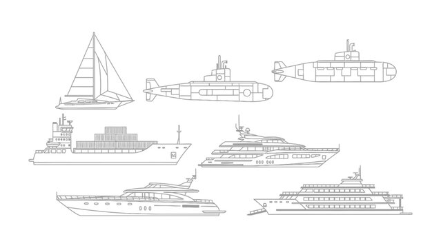 Maritime Collection: Explore a meticulously curated collection of various nautical vessels, each rendered in precise, clean lines, perfect for illustrating the different modes of water transportation.