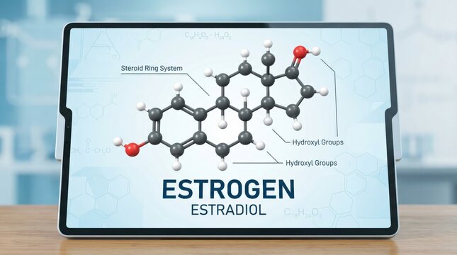 Digital tablet displaying the chemical structure and formula of estradiol estrogen hormone on a laboratory desk, modern medical technology, scientific education.