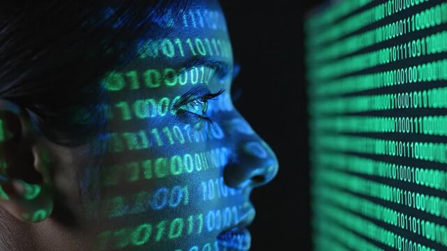 Woman with digital data reflection on face