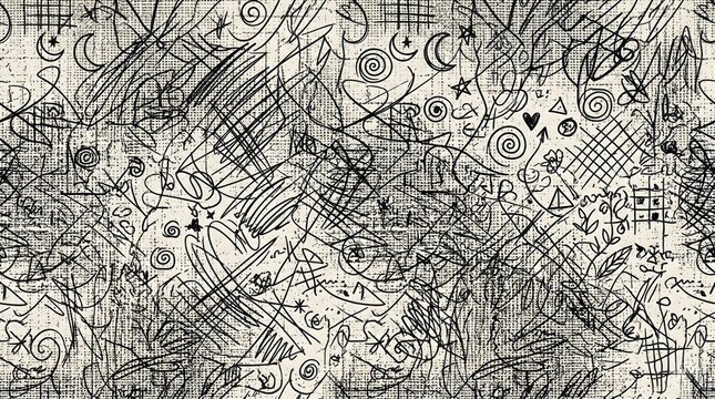 Chaotic Musings: Seamless Monochrome Pattern of Energetic Scribbles and Abstract Ink Doodles on Canvas