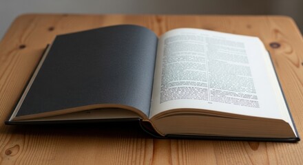 Fototapeta premium Opened book with one blank page rests on a wooden table