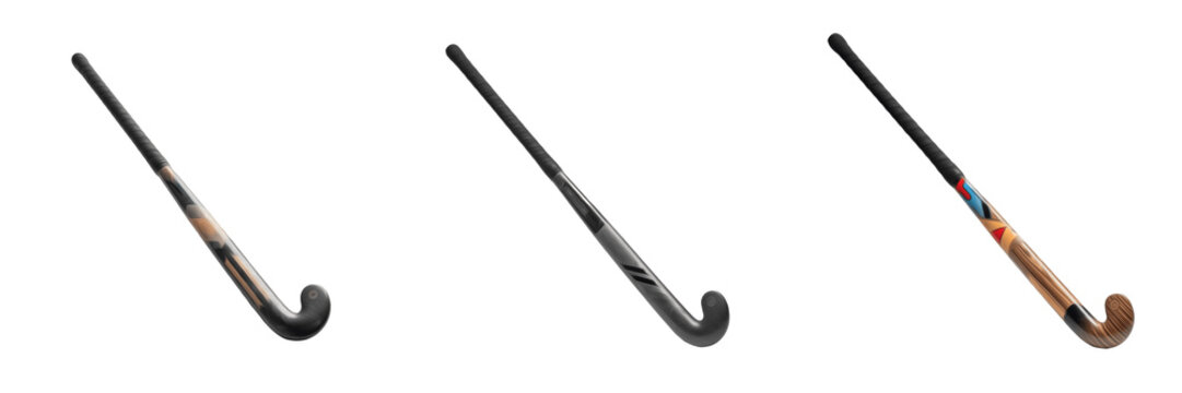 Set of professional field hockey sticks with modern composite and wood finishes isolated on white background.