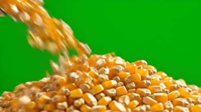 Close-up shot captures bright yellow corn kernels continuously pouring and accumulating into a large pile. For agricultural, food, or farming related projects with a chroma key background.