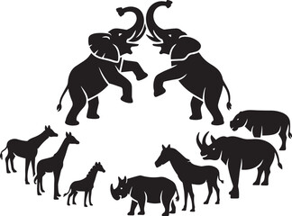 African safari black silhouettes set elephants rhinos giraffes zebras wild animal vector © MDSHOFIQUL