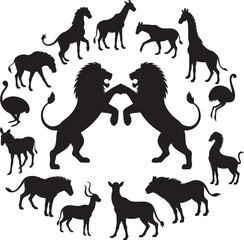 African savanna wildlife silhouettes, lions fighting, giraffes, lions, zebras © MDSHOFIQUL