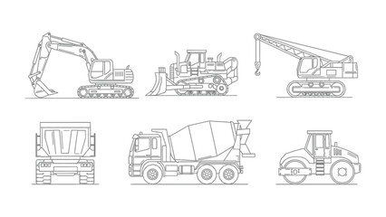 Construction Equipment Array: A clean, streamlined illustration showcasing a comprehensive array of essential construction equipment, perfect for visualizing projects and designs. © Abu