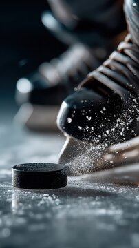 Close-up ice hockey skate and puck with flying ice spray, high-speed action, editable image ideal for sports marketing, equipment ads, and posters.