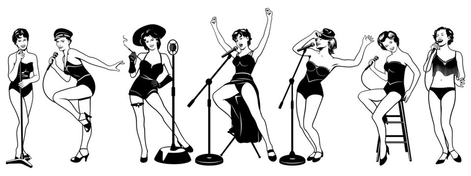 Naughty Singer Women Set. Retro jazz and cabaret vocalists. Black and white vector cliparts isolated on white in pin up and pop art style.