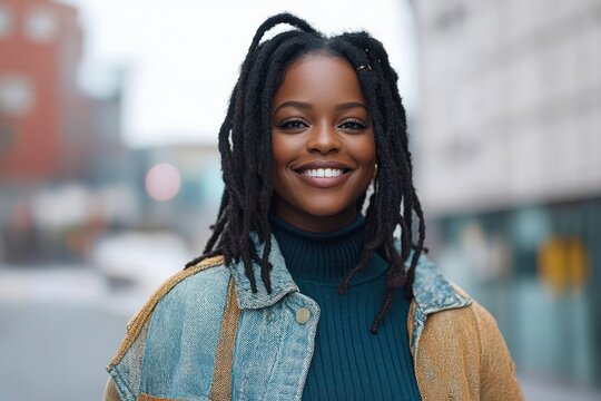 person with dreadlocks wearing a patchwork denim jacket and teal turtleneck standing on an urban street, calm confident posture