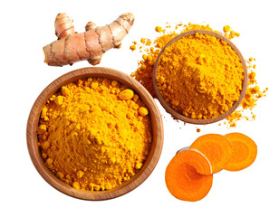 Top-down view shows turmeric root, powder in wooden bowls, and sliced pieces
