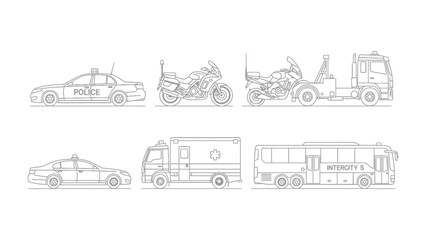 Naklejka premium Vehicular Lineup: An array of detailed vehicle illustrations, each representing a different mode of transport, meticulously rendered in clean, crisp lines.
