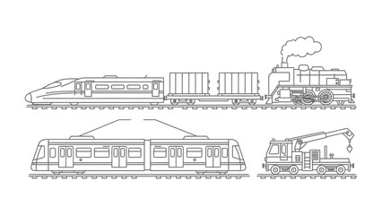 Transportation Evolution: A detailed outline of a train, high-speed train, freight train, steam locomotive, tram, and crane truck. © Abu