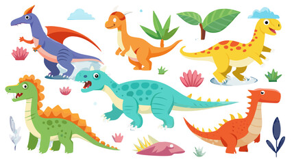 Cute Cartoon Dinosaurs Set with Prehistoric Plants and Elements © Muhamad