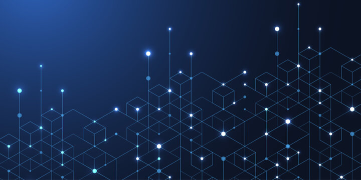 Abstract digital blockchain cube blocks concept. 3D big data cubes quantum computer technology idea. Artificial intelligence data core cubes design element