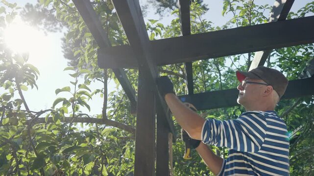 Man building a wooden pergola with a hammer in a sunny backyard surrounded by green trees. DIY home improvement project outdoors.