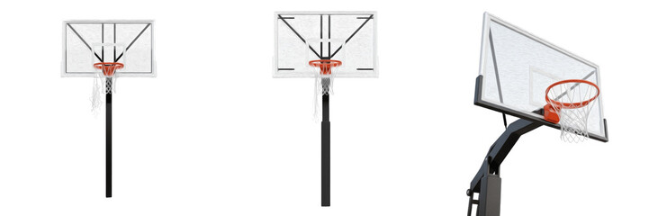 Set of Three Professional Basketball Hoops with Transparent Backboards and Steel Rims Isolated on White Background - Sports Arena Equipment Collection