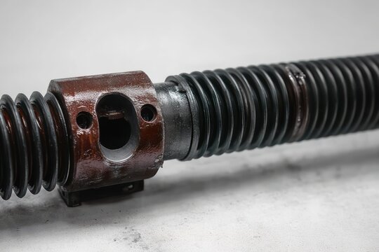 close-up of a worn rusted square nut mounted on a long black threaded rod on a light surface, evoking industrial grit and mechanical precision