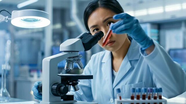 Asian female scientist examines a blood sample under a microscope in a modern laboratory. She wears a white lab coat and blue gloves.