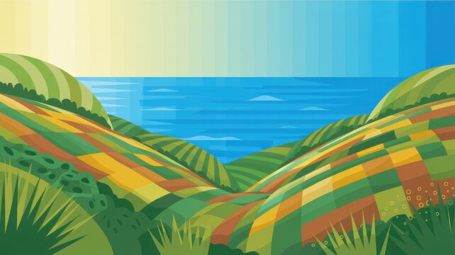 Stylized rolling hills with geometric patterns leading to a calm ocean under a gradient sky