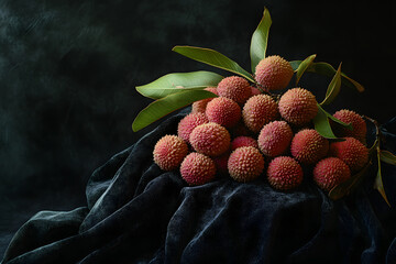 Elegant Display of Lychees on Dark Velvet Cloth  