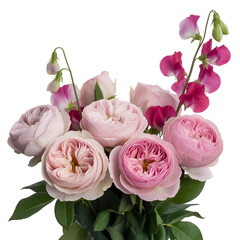 A beautiful bouquet of pink roses and lilies in full bloom