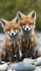 Fototapeta premium Two Adorable Young Red Foxes Sitting on a Pebble Beach, Playfully Posing for the Camera in Sunlight