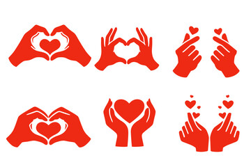 Fototapeta premium Red hand gesture pack on black: classic heart hands, cupped hands holding heart, and trendy finger-heart signs with flying hearts. Minimal flat vector for korean fandom and emoji stickers.