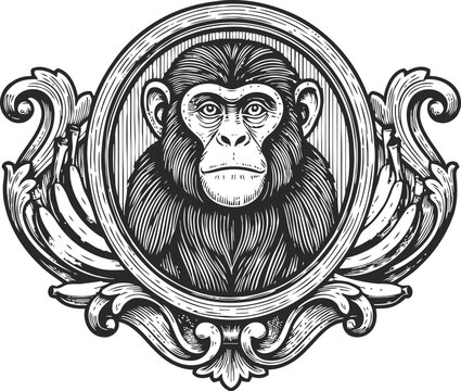 Ornate vintage frame with detailed black and white chimpanzee portrait engraving illustration