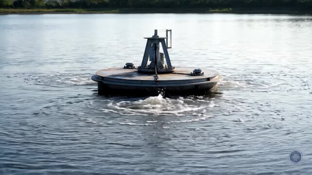 A floating surface aerator vigorously oxygenates water in a large industrial treatment pond, ensuring water quality.