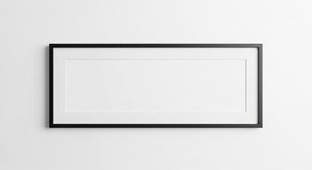 black narrow long empty picture frame with white matte border on plain white wall, minimalist home decor Concept