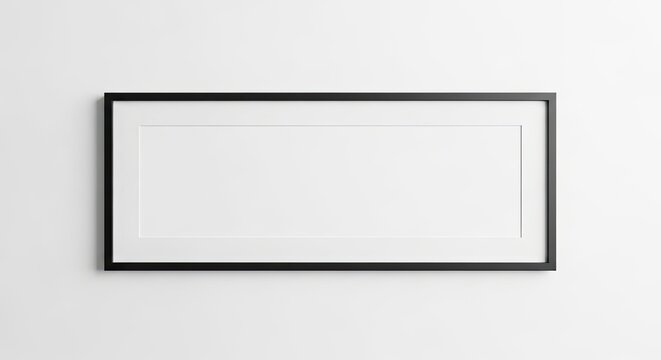 black narrow long empty picture frame with white matte border on plain white wall, minimalist home decor Concept