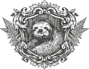 Fototapeta premium Ornate vintage frame with detailed sloth illustration surrounded by fern leaves engraving