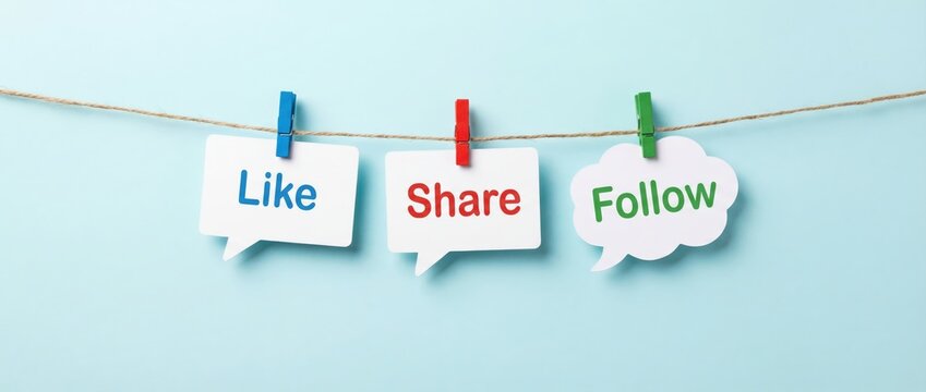 Engaging social media interaction promoting like share and follow actions in a creative workspace environment with a minimalist viewpoint for enhanced user engagement