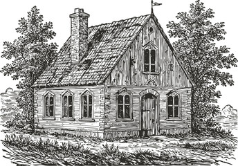 Naklejka premium Vintage wooden house with chimney and pointed roof in rural setting, surrounded by trees and grass