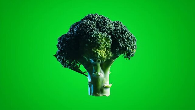 A fresh head of green broccoli rotates against a bright green screen, ideal for healthy eating and cooking projects. Perfect for compositing.
