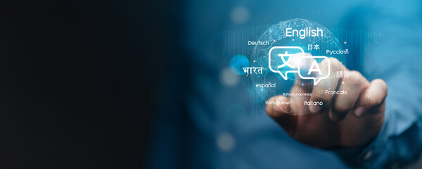 Business professionals use web-based foreign language translation apps for cross-language conversations worldwide, along with AI-powered translation programs for global language communication. © Dee karen