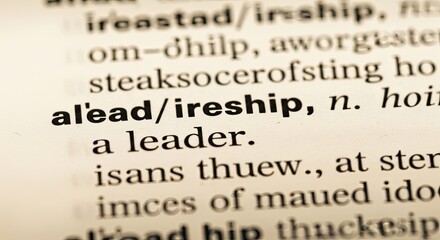 Dictionary entry with bold printed leadership definition on aged sepia paper, business leadership Concept