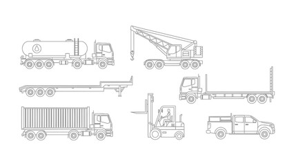 Assortment of Transportation Vehicles: A monochrome illustration showcases a variety of transport vehicles, each designed for specific purposes in industry.